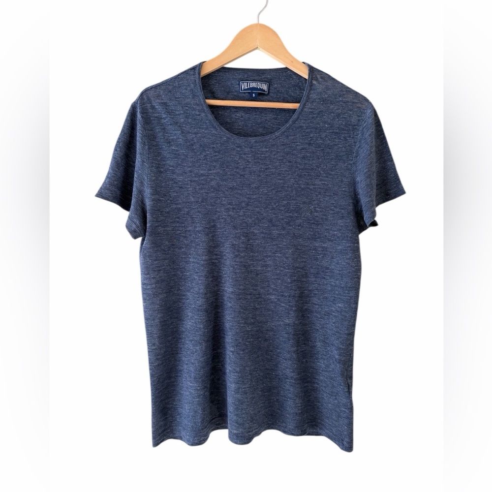Vilebrequin Men's Navy Blue Heathered 100% Linen Crew Neck Tee